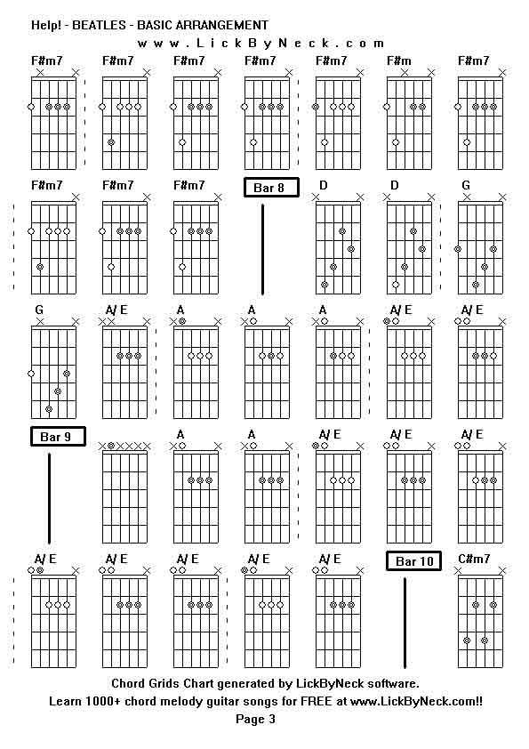 Chord Grids Chart of chord melody fingerstyle guitar song-Help! - BEATLES - BASIC ARRANGEMENT,generated by LickByNeck software.